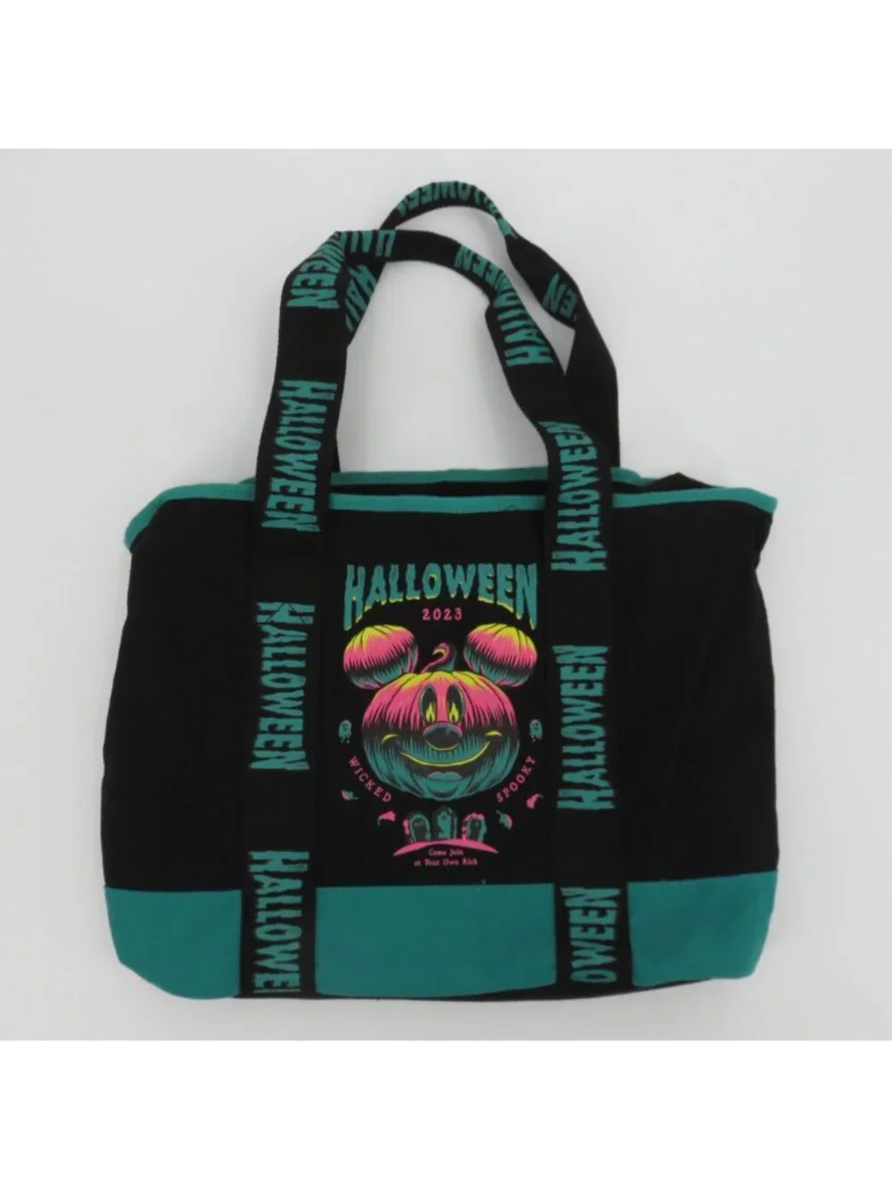 Disney Parks 2023 Halloween Glow In The Dark Mickey Mouse Tote Bag Black Teal